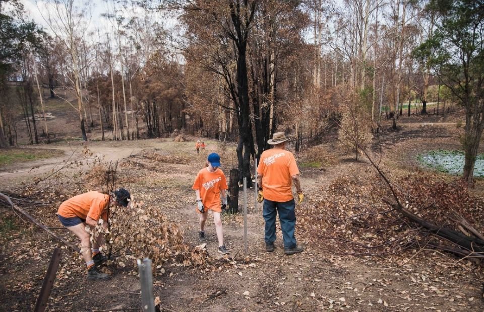 Freiwillige bei Aufräumarbeiten nach den Waldbränden