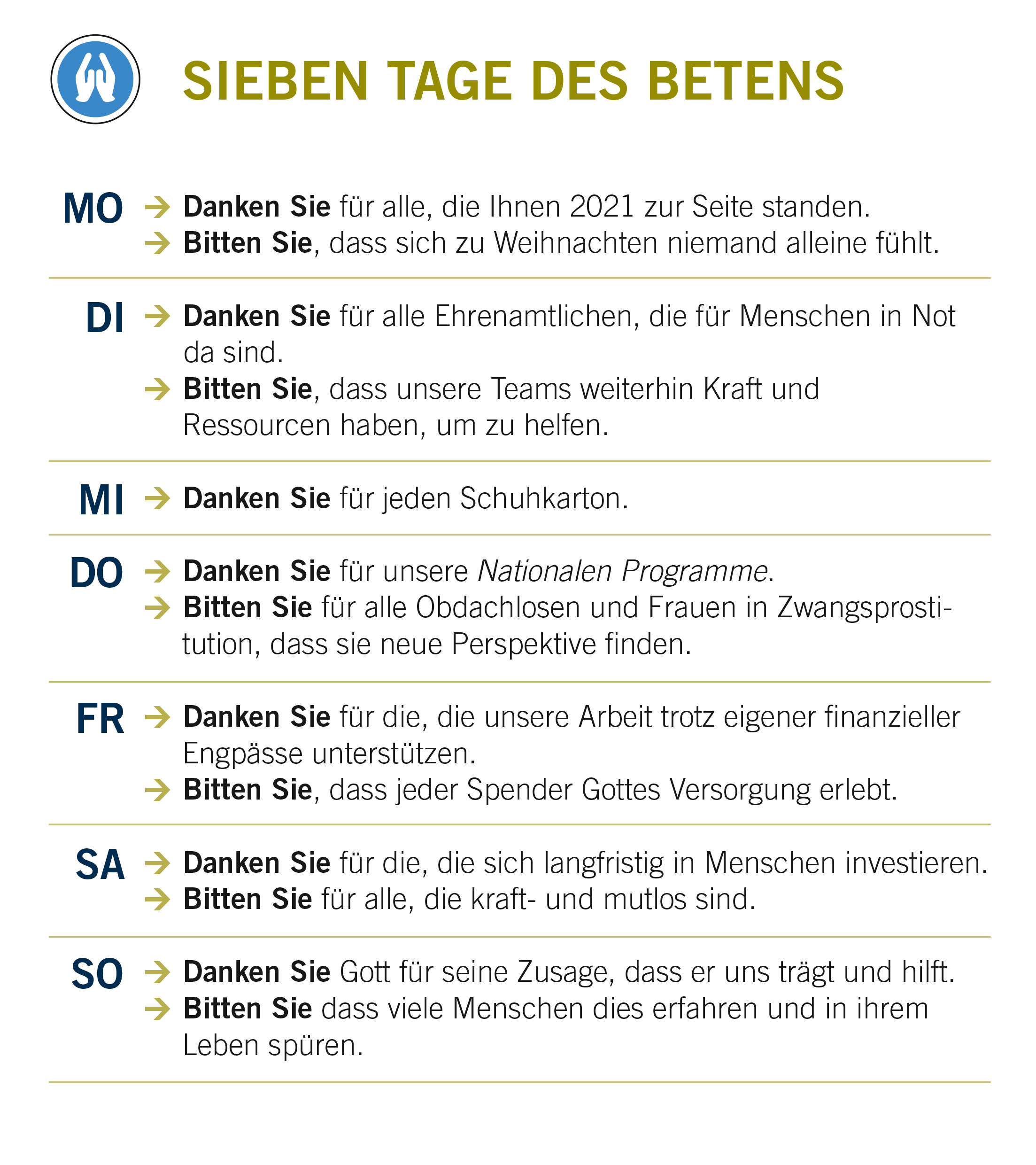 7 Tage des Betens mit Samaritan's Purse